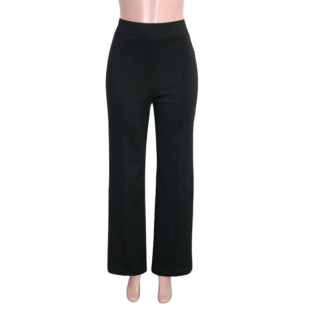 Pantaloni eleganti a zampa vita alta, modello slim fit, versatile per moda donna e office wear.