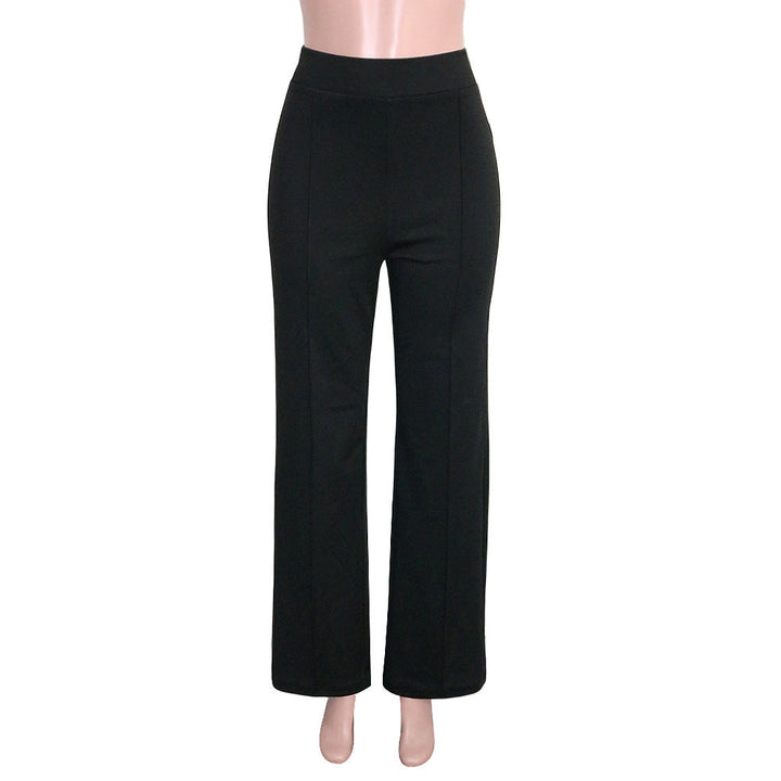 Pantaloni eleganti a zampa vita alta, modello slim fit, versatile per moda donna e office wear.