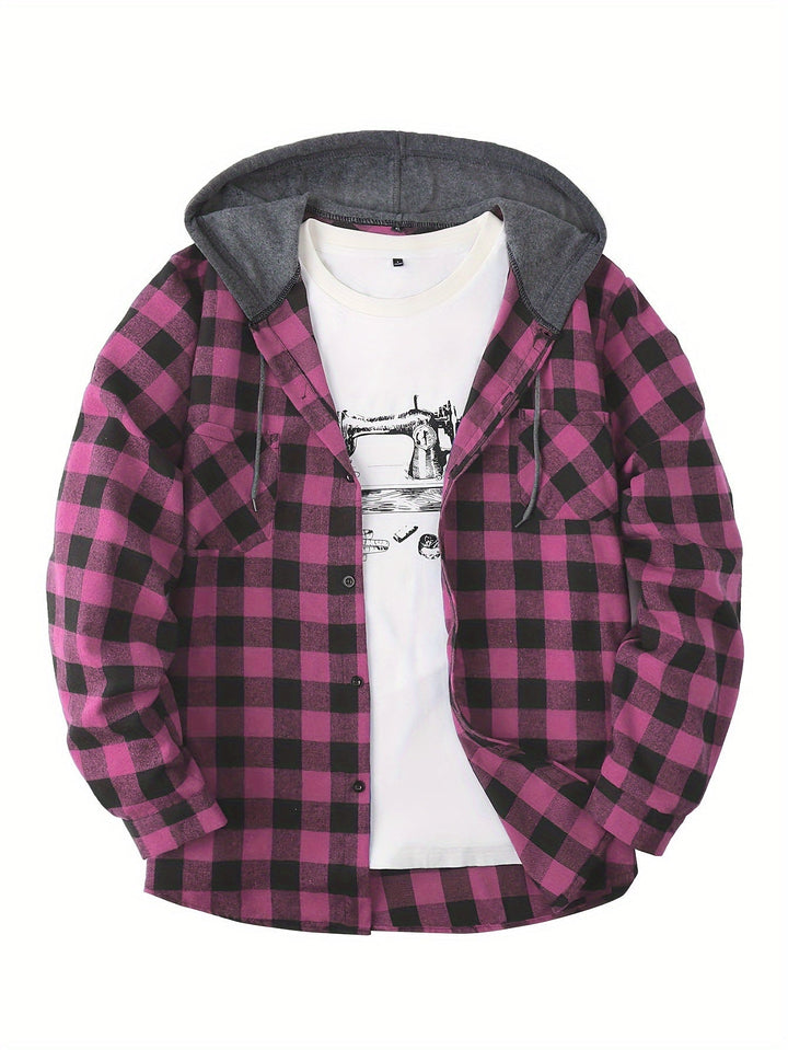 Giacca con cappuccio e quadri blu, perfetta per un look maschile autunnale.