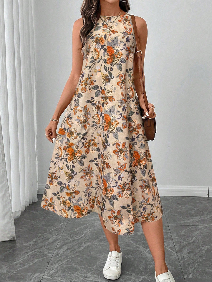 Elegante abito midi floreale scampanato da donna. Ideale per look casual giornalieri o eventi estivi primaverili.