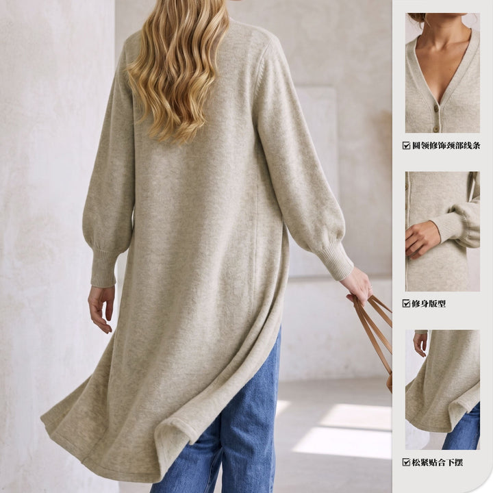 Cardigan lungo donna confortevole, stile elegante per abbigliamento moda autunno/inverno.