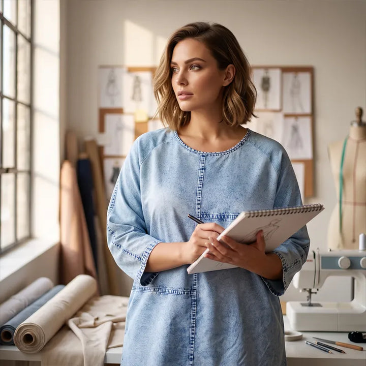 T-shirt da donna girocollo effetto denim, casual e comoda. Perfetta per la moda estiva con vestibilità ampia e cuciture.