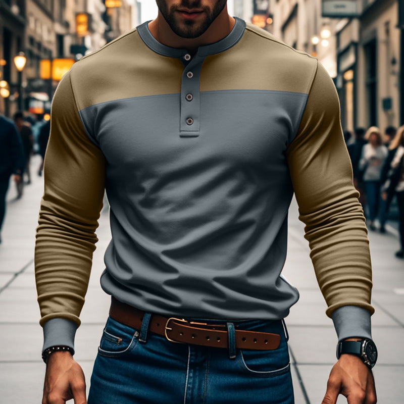Maglia uomo a maniche lunghe con design color block, modello Henley versatile per ogni occasione.