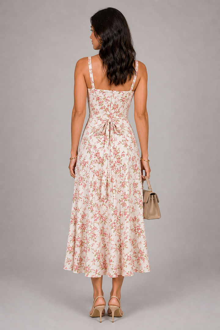 Abito donna elegante e romantico, rosa fluido, ideale per look estivi confortevoli e femminili.