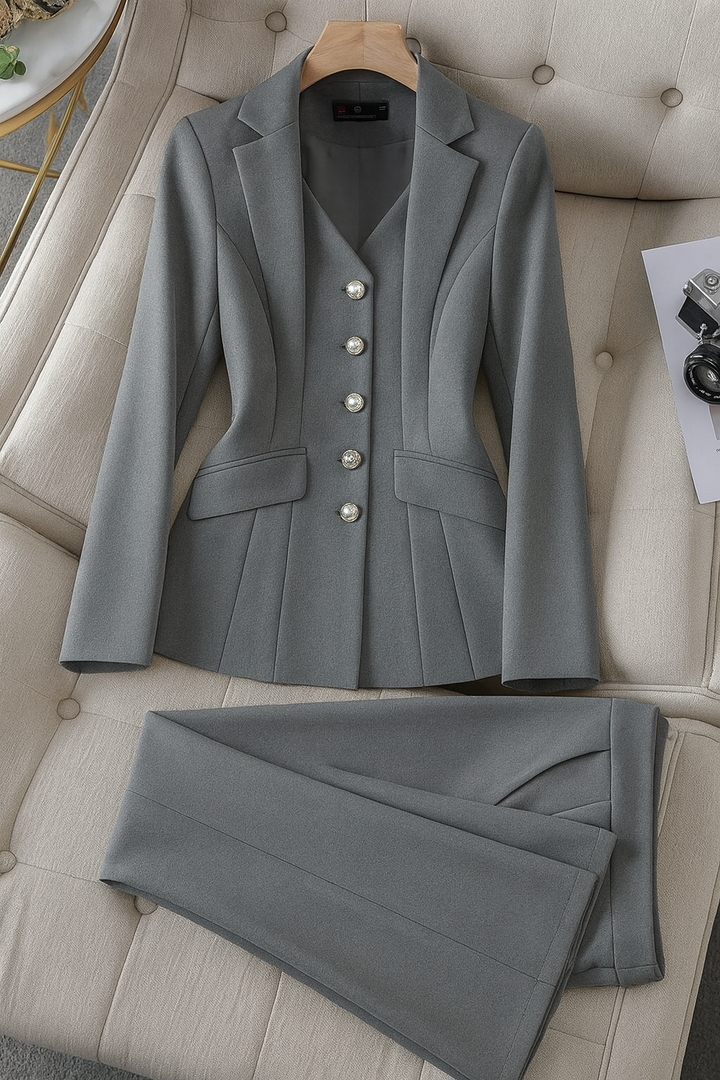 Completo donna moda ufficio, due pezzi con blazer elegante e pantaloni confortevoli regular fit.