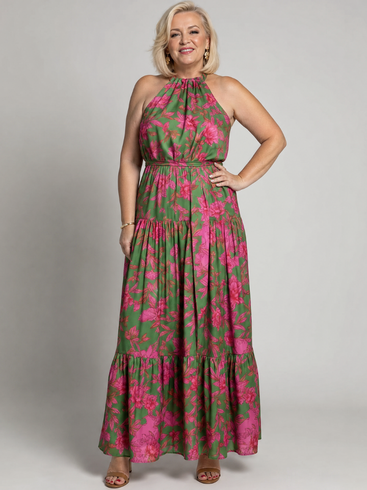 Moda donna: Abito midi drappeggiato con collo halter. Un vestito elegante e chic, perfetto per look estivi, cerimonie e stile.