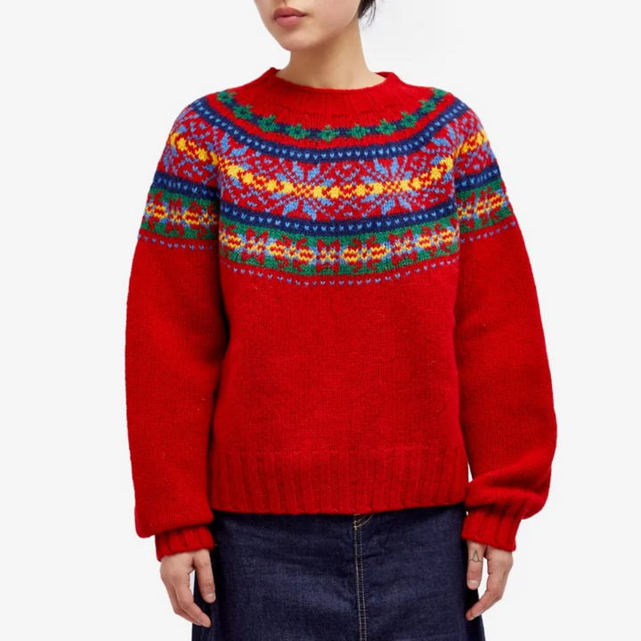 Maglione donna Fair Isle classico. Pullover girocollo invernale elegante e caldo per comfort festivo.