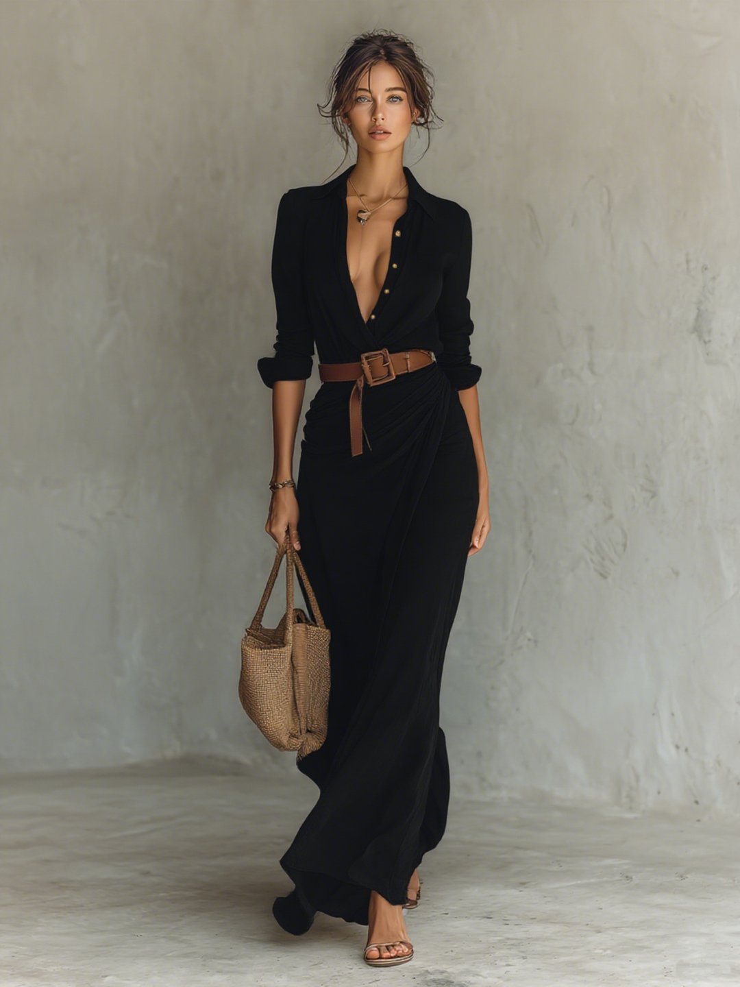 Abito maxi elegante per donna, stile camicia con cintura in vita, perfetto per la primavera e l'estate.