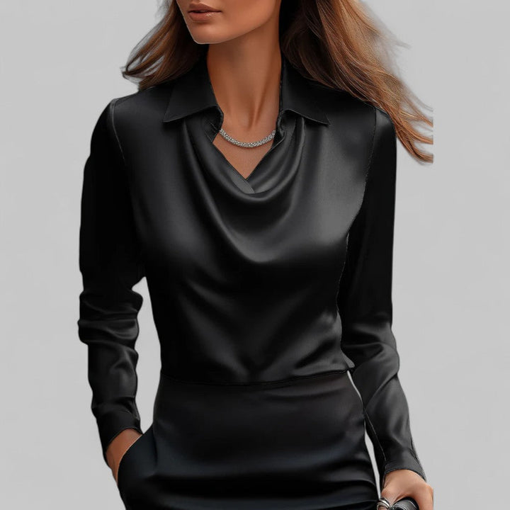 Blusa satinata donna, collo drappeggiato. Maniche lunghe, eleganza per ogni stagione, ufficio o sera.
