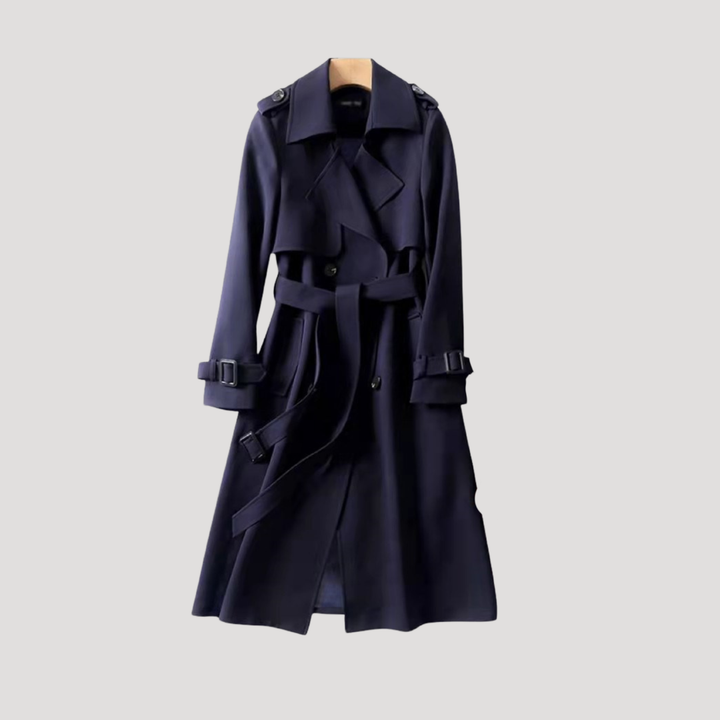Dettaglio: trench donna elegante doppiopetto, tessuto di qualità, con cintura, per un look raffinato e chic.