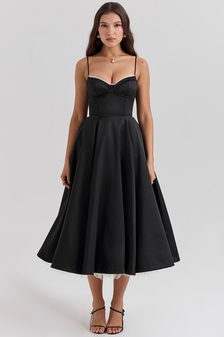 Abito midi donna pronto per eventi, elegante e fluido, ideale per cerimonie primaverili/estive.