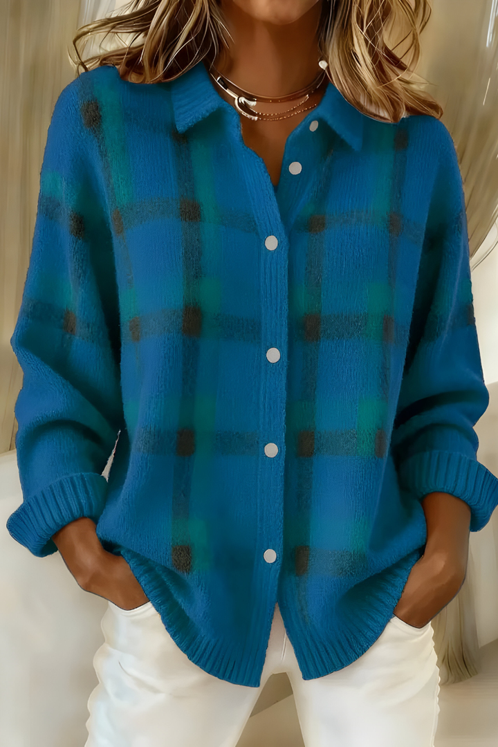 Cardigan donna in maglieria a quadri, morbido e confortevole. Abbigliamento versatile per ogni occasione, autunno.
