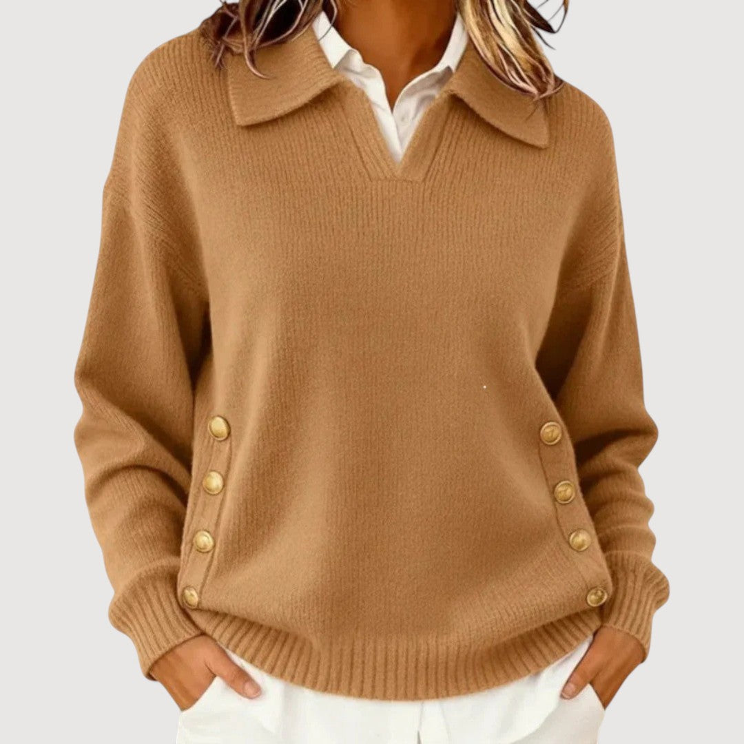 Maglione donna elegante a maniche lunghe con collo a bottoni. Perfetto per autunno/inverno, stile casual chic.