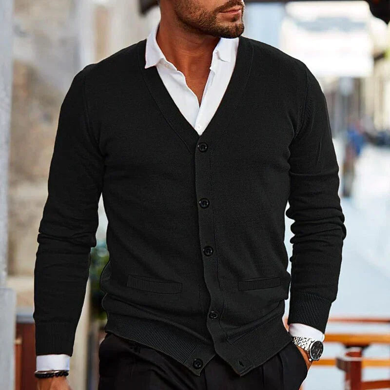 Cardigan uomo scollo a V con bottoni, maglieria versatile per outfit casual ed eleganti. Stile moderno.