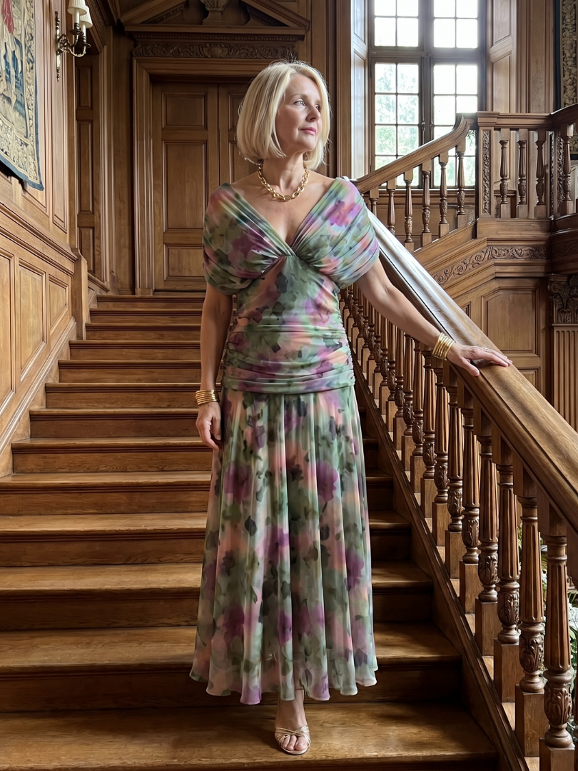 Abito elegante midi donna, design a spalle scoperte, ideale per un look raffinato e estivo.