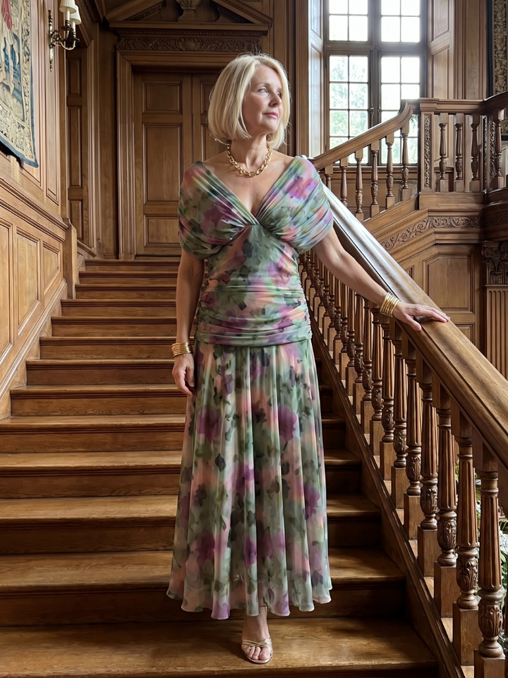 Abito elegante midi donna, design a spalle scoperte, ideale per un look raffinato e estivo.
