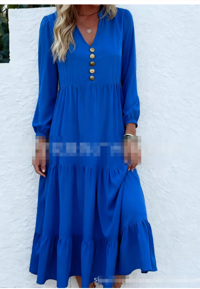 Abito midi da donna, collo tondo e maniche lunghe. Design versatile e chic per abbigliamento primaverile e autunnale.