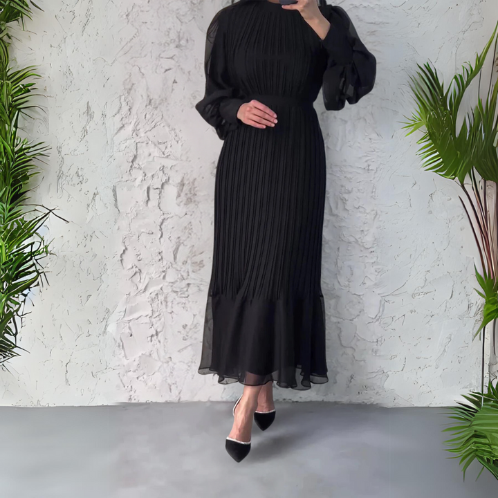 Abito donna lungo a pieghe, elegante vestito da sera per matrimoni, cerimonie e serate speciali.