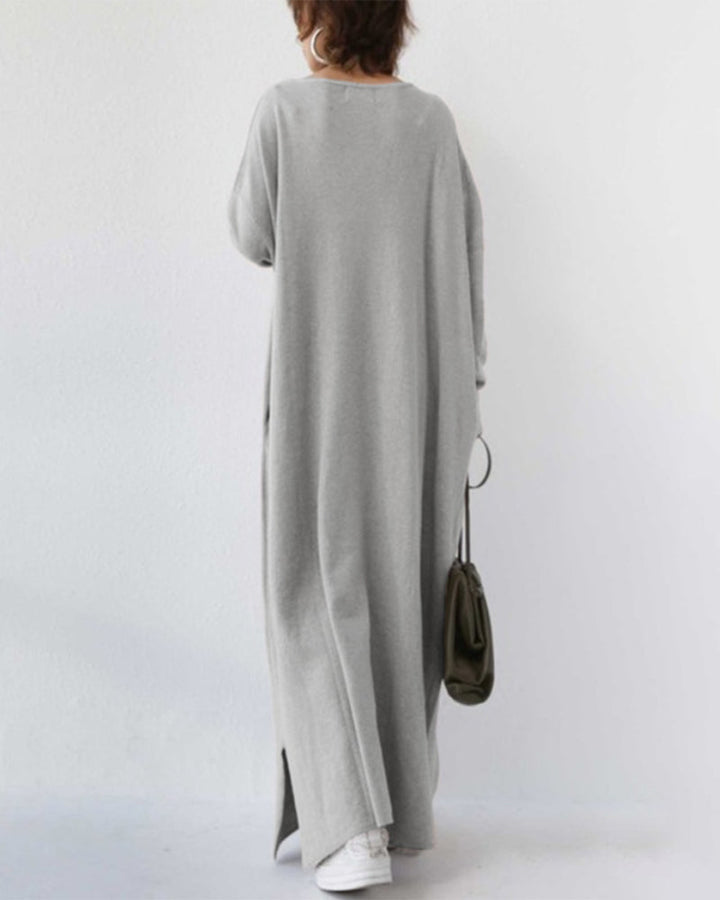 Abito lungo donna a maniche lunghe in cotone. Girocollo, vestibilità ampia per massimo comfort e libertà.