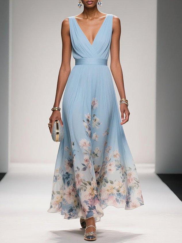 Abito lungo floreale con scollo a V, moda autunno per cerimonie, invitata matrimonio chic.