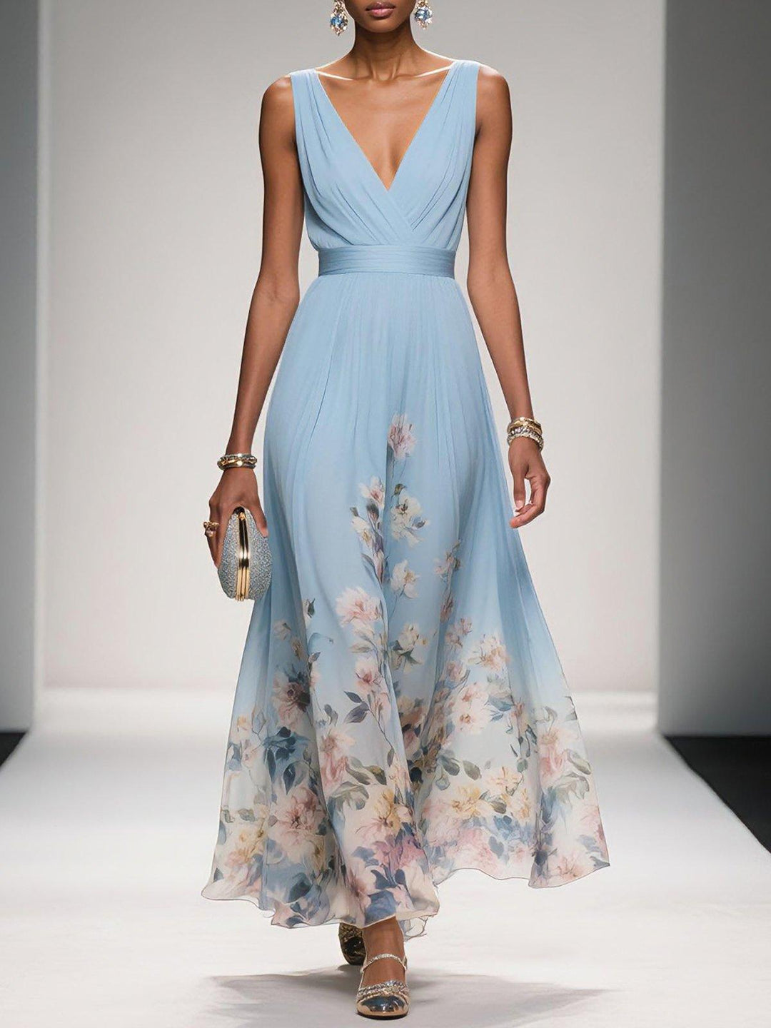 Abito floreale donna lungo scollo V, perfetto per cerimonie autunnali ed eventi eleganti.