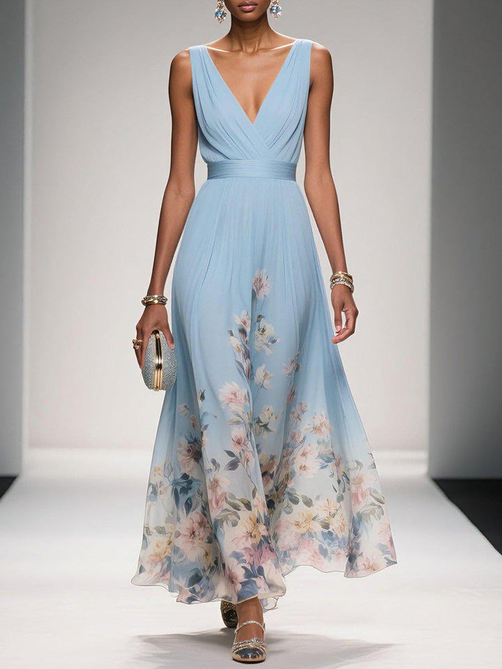 Abito floreale donna lungo scollo V, perfetto per cerimonie autunnali ed eventi eleganti.