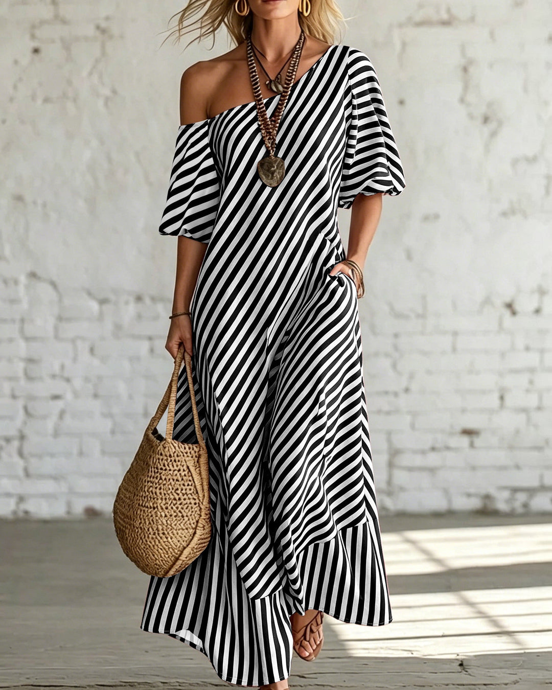 Abito lungo estivo donna a righe, monospalla con volant. Ideale per vacanze ed eventi eleganti.