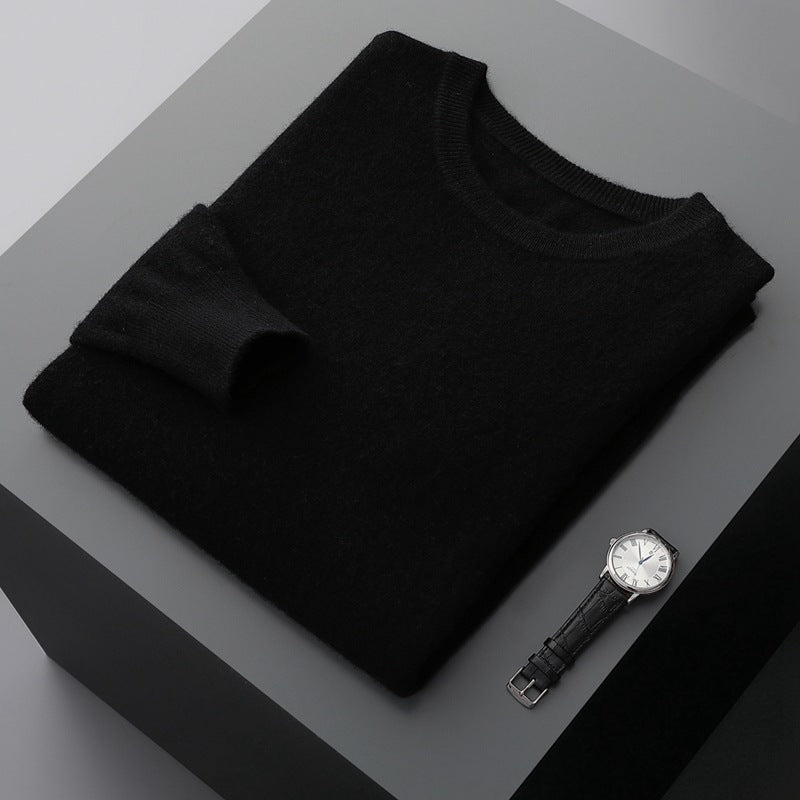 Elegante pullover uomo nero casual, con scollo tondo e maniche lunghe, in tessuto morbido per l'autunno.