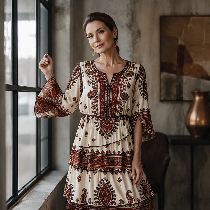 Vestito midi da donna con stampa etnica vibrante e volant, stile bohémien in cotone leggero.