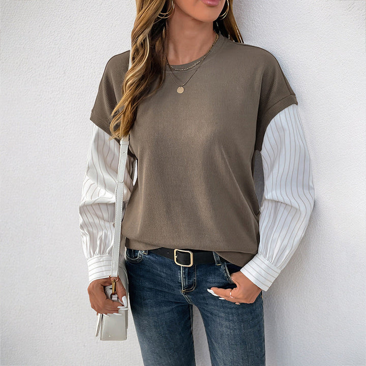 Maglione donna finto due pezzi marrone caffè girocollo, maniche lunghe, ideale per abbigliamento casual chic autunnale/invernale.