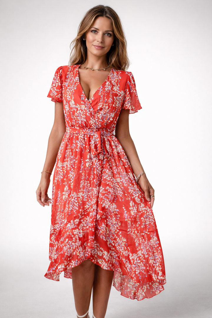 Vestito midi donna a fiori, leggero e romantico, ideale per la primavera.