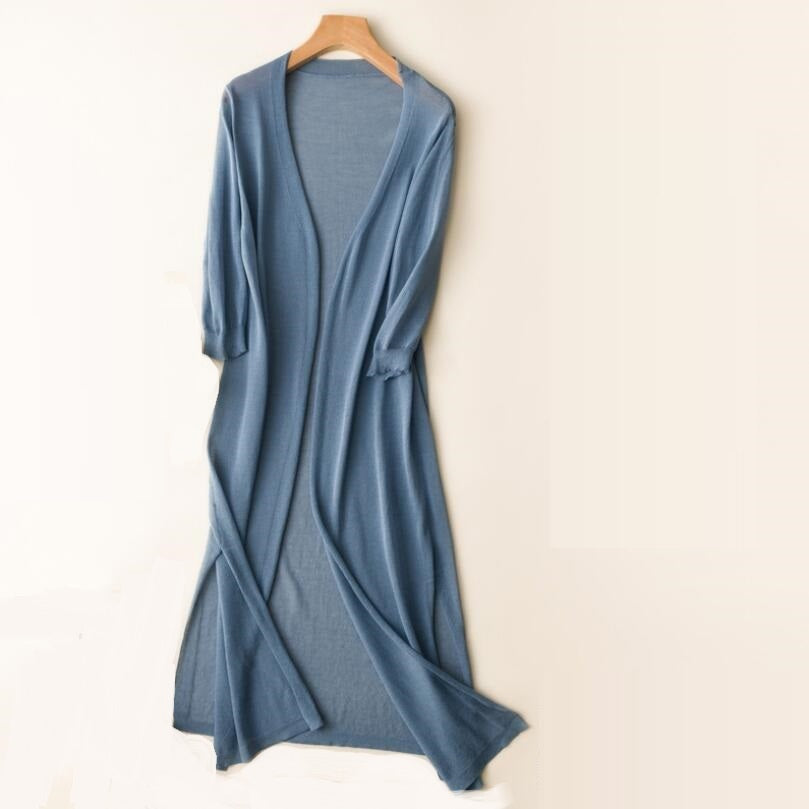Cardigan leggero da donna per stratificare, aperto, maniche 3/4. Perfetto come copricostume o top elegante.