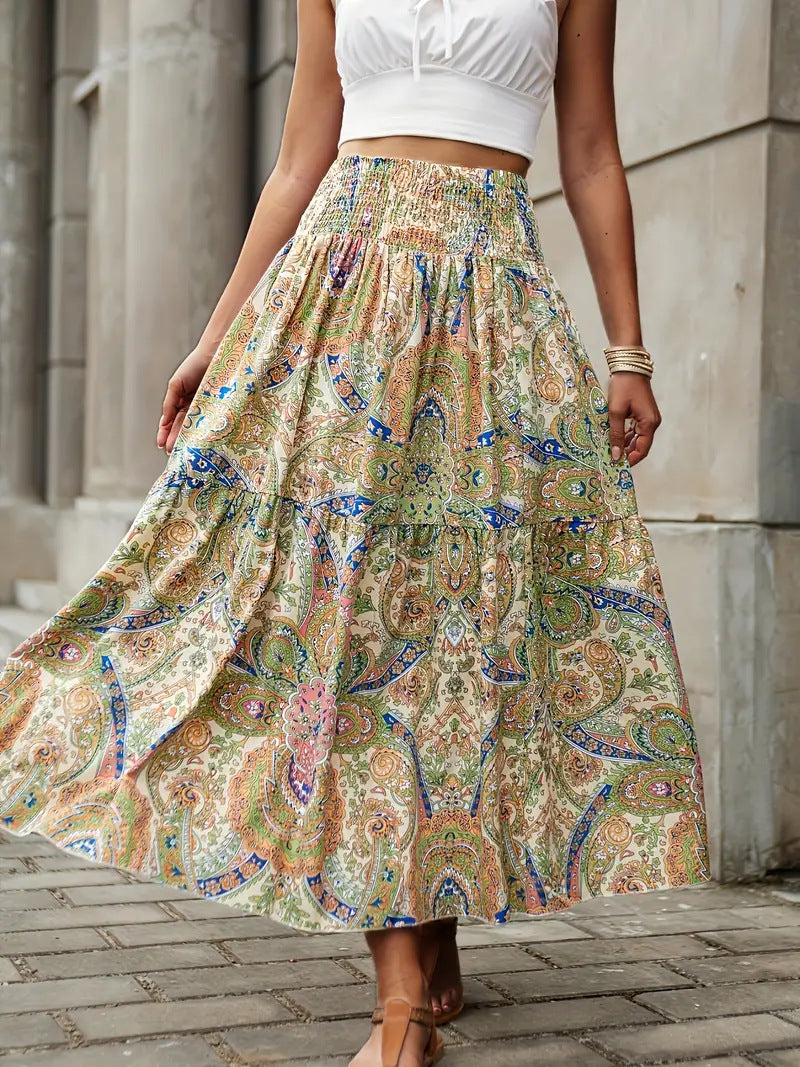 Gonna a ruota floreale donna, tessuto leggero e fluido, perfetta per occasioni casual eleganti.