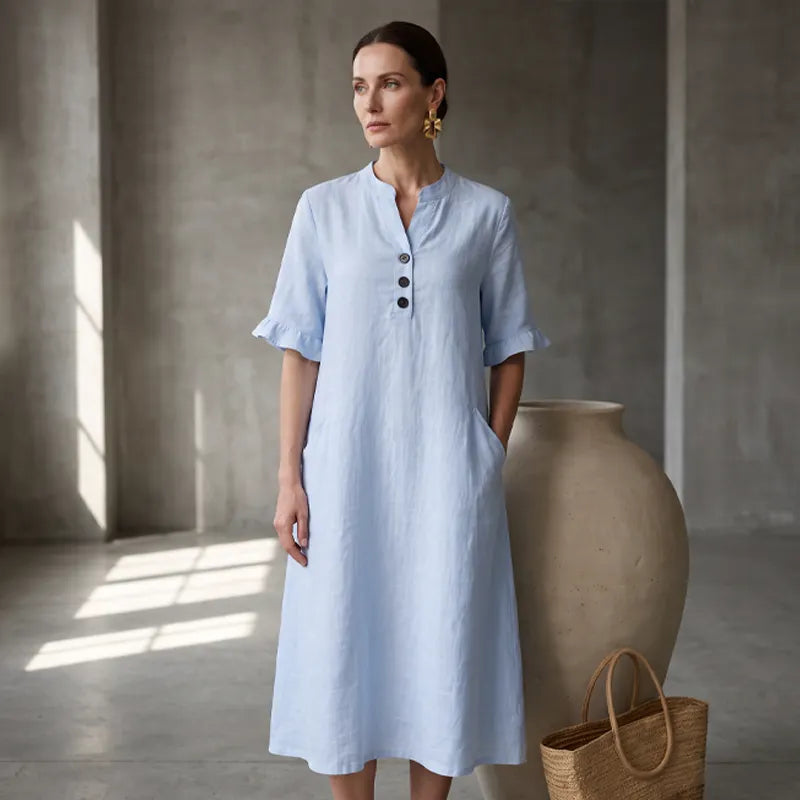 Abito midi donna con bottoni, in misto cotone lino, leggero e traspirante, per un look estivo.