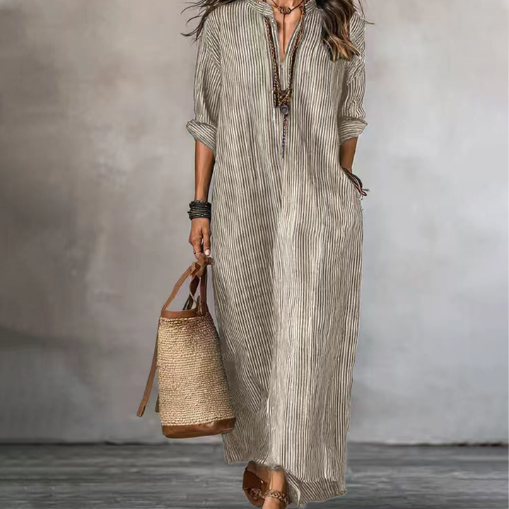 Vestito maxi donna a righe, scollo V, con tasche. Perfetto per primavera, autunno, comfort e stile.