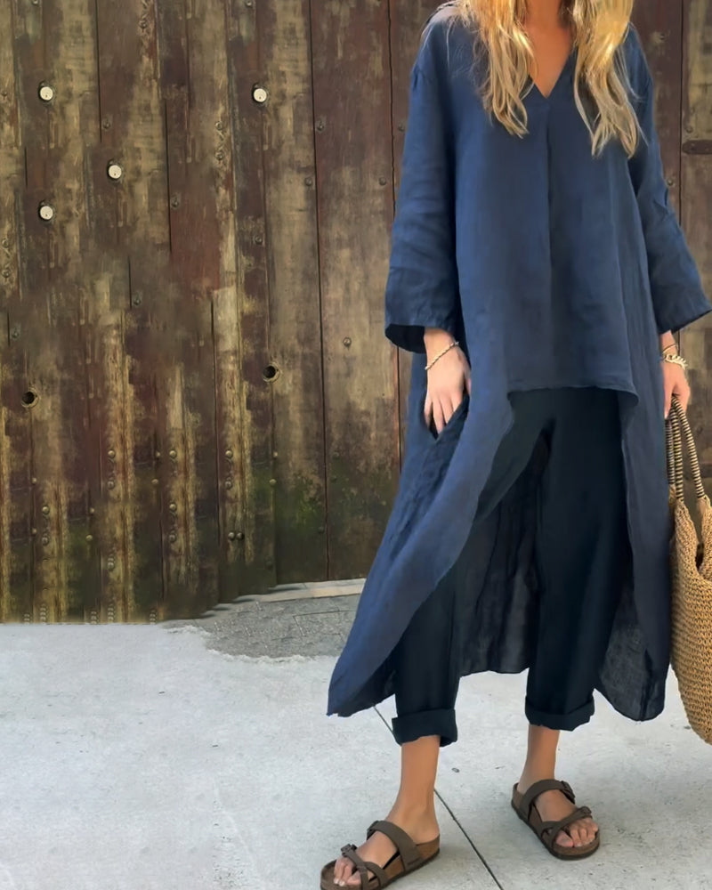 Completo versatile donna con tunica a maniche corte e pantaloni casual, perfetto per giornate estive.