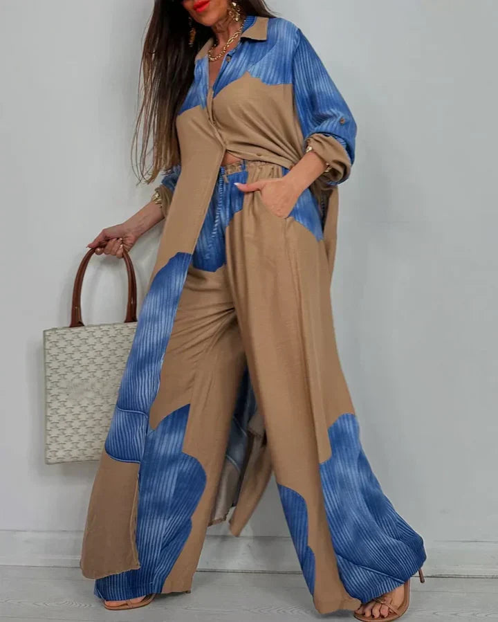 Coordinato donna elegante: camicia e pantaloni ampi per un outfit moderno. Ideale per l'ufficio e tempo libero.