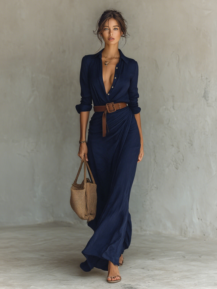 Moda mare e abbigliamento estivo: abito lungo chemisier donna fluido ed elegante, per un look raffinato.