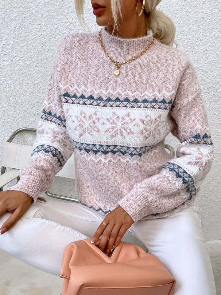 Maglione blu da donna invernale, collo alto, fiocchi di neve, capo essenziale per la stagione fredda.