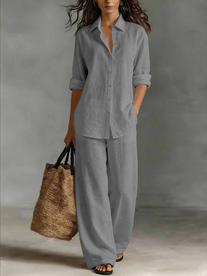 Completo donna versatile due pezzi casual, top a maniche lunghe e pantaloni dritti, per moda femminile.