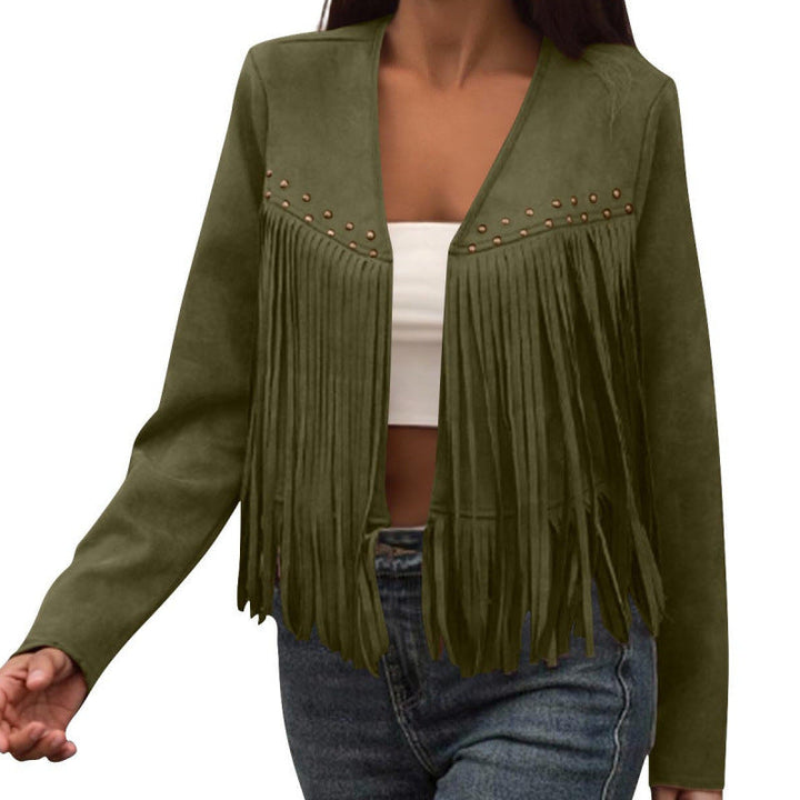 Giacca donna con frange, stile etnico casual. Un capospalla retrò versatile per outfit di primavera/autunno.