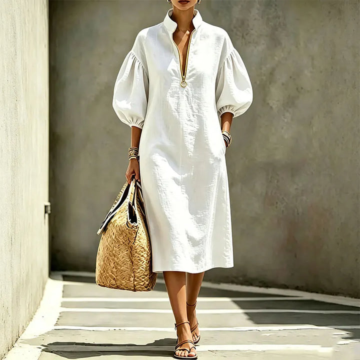 Abito midi donna versatile A-line, con maniche a sbuffo, ottimo per casual chic in primavera/autunno.