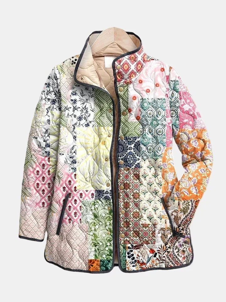 Giacca donna floreale in poliestere, trapuntata, leggera, con bottoni.