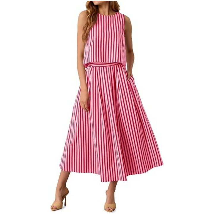 Set estivo donna due pezzi: top senza maniche e gonna patchwork. Perfetto per un look bohemien casual e leggero.