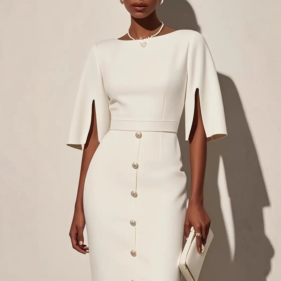 Abito midi donna versatile ed elegante, girocollo e maniche a tre quarti. Ottimo per moda casual chic.