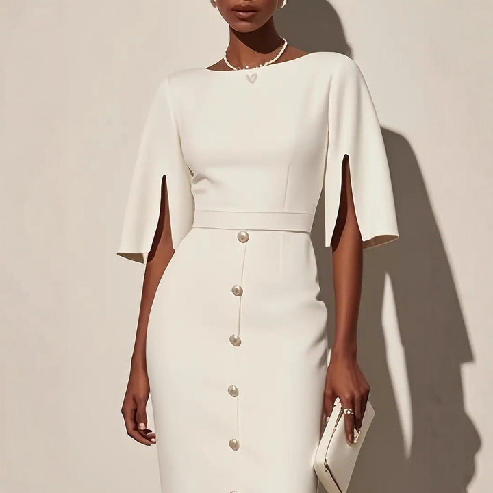 Abito midi donna versatile ed elegante, girocollo e maniche a tre quarti. Ottimo per moda casual chic.