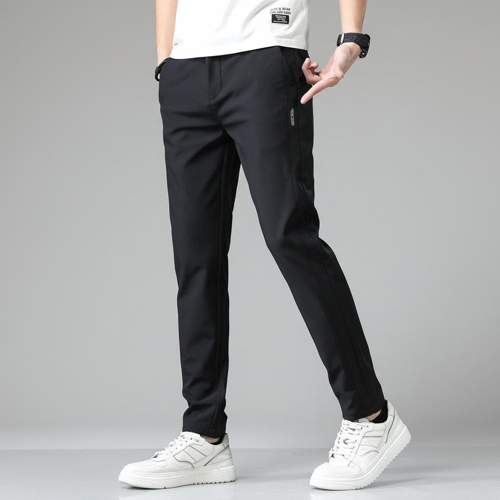 Vista frontale: pantaloni uomo affusolati neri, taglio moderno e antipiega, per un look business impeccabile.