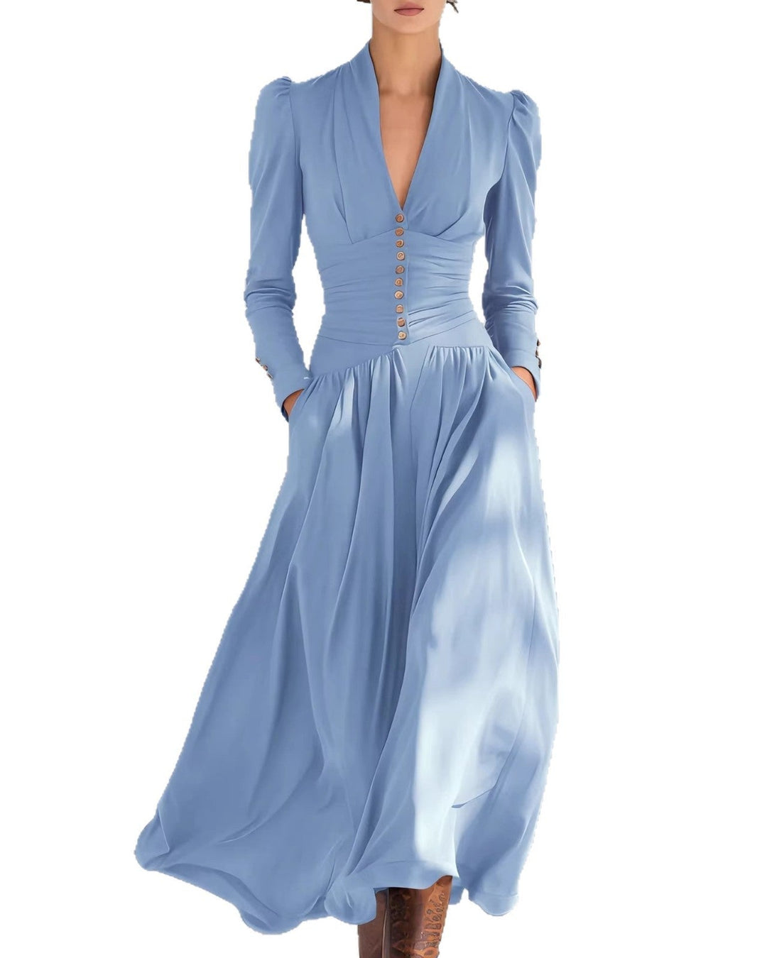Abito donna midi autunnale, aderente a vita alta e gonna plissettata. Vestito elegante tinta unita, moda versatile.