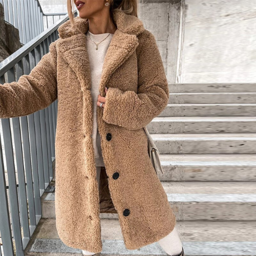 Cappotto versatile da donna in lana marrone scuro, offre comfort caldo e un look elegante per l'inverno.