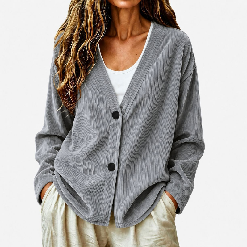 Comodo cardigan donna a coste, scollo a V e bottoni. Perfetto per il relax e un tocco elegante.